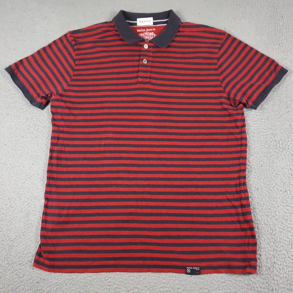 Nautica Polo Shirt Mens Large Red Navy Striped Short Sleeve Cotton Blend Casual